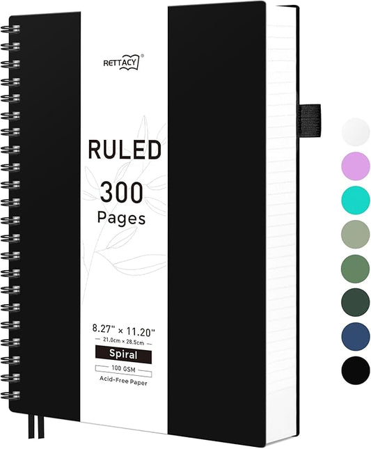 RETTACY Spiral College Ruled Notebook, 300 Pages, A4 Large Size (8.2" x 11.2"), for School, Work, Writing, Journaling, 100 GSM Thick Paper, Flexible Plastic Cover (Black)