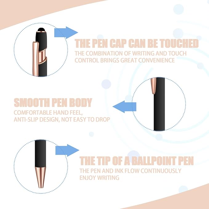 8 Pcs Blue Ink Ballpoint Pen with Stylus Tip 2 in 1 Stylus Ballpoint Pen Metal Pens Stylus Pen for Touch Screens School Office Coworkers (Black Rose Gold)