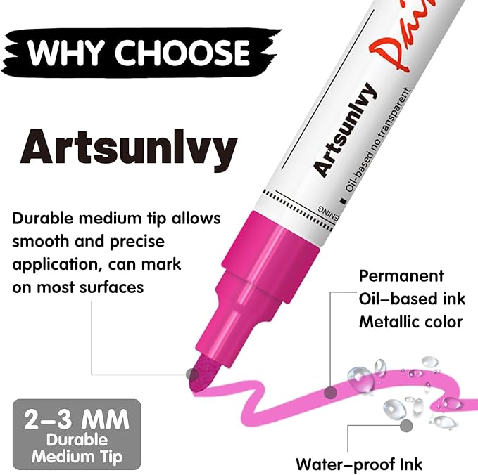 Pink Paint Pens Permanent Markers - 2 Pack Paint Markers for Metal, Rubber,Wood, Rocks, Canvas, Plastic, Dark Surface, Craft Art Supplies, Medium Tip, Quick Dry, Waterproof