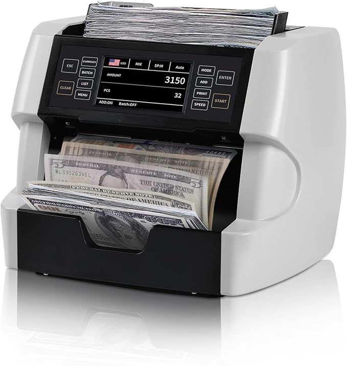 NUCOUN VC-3 Mixed Denomination Money Counter Machine, Value Counting, CIS/UV/IR/MG/MT Counterfeit Detection, USD/Euro/CAD/MXN, Printer Enable, White Cash Note Counter, Bill Counter for Business