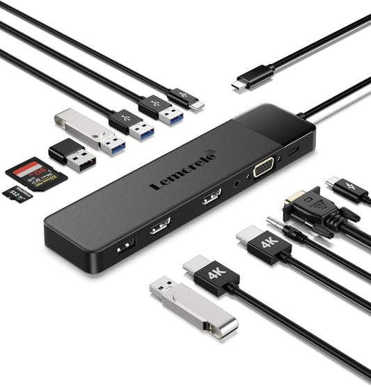 Lemorele 13 in 1 USB C Docking Station Triple Monitor w/Dual HDMI 4K, VGA, 5 USB 3.0/2.0, USB-C 3.0, 100W PD, SD/TF, 3.5mm Audio, Multiport Hub Adapter for Lenovo, Surface, Dell, HP Laptops