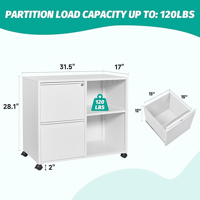 SISESOL 2 Drawer File Cabinet with Lock and Shelf,Mobile Lateral Filing Cabinet,Metal File Organizer Cabinet with Open Storage Shelves for Home Office Fit Legal/Letter A4 Size