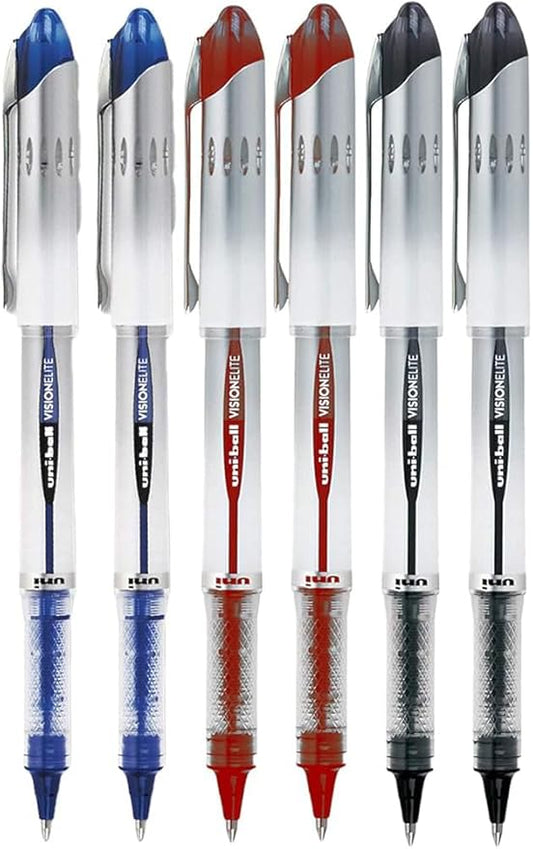 Vision Elite Rollerball Pens, Bold Point (0.8mm), Black/Blue/Red Ink, 6 count, Bundle with Plastic Reusable Pouch