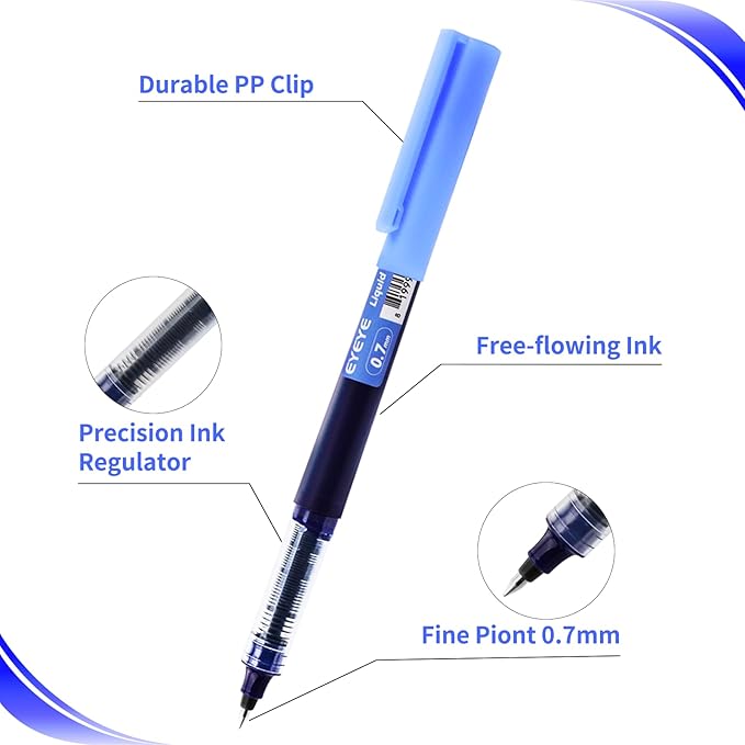 EYEYE Liquid Ink Rollerball Pens 12 Pack, 0.7mm Fine Point Roller Ball Pens Quick Dry, Blue Ink Pens Fine Point Smooth Writing Pens for Journaling, Note Taking, Office and School Supplies