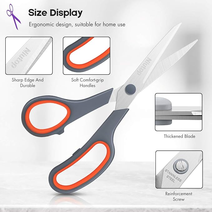 Scissors Bulk Set of 5-Pack, Niutop 8" Multipurpose Sharp Sewing Craft Fabric Scissors for Office Home High/Middle School Student Office Teacher Art Supplies, Soft Comfort-Grip Right/Left Handles