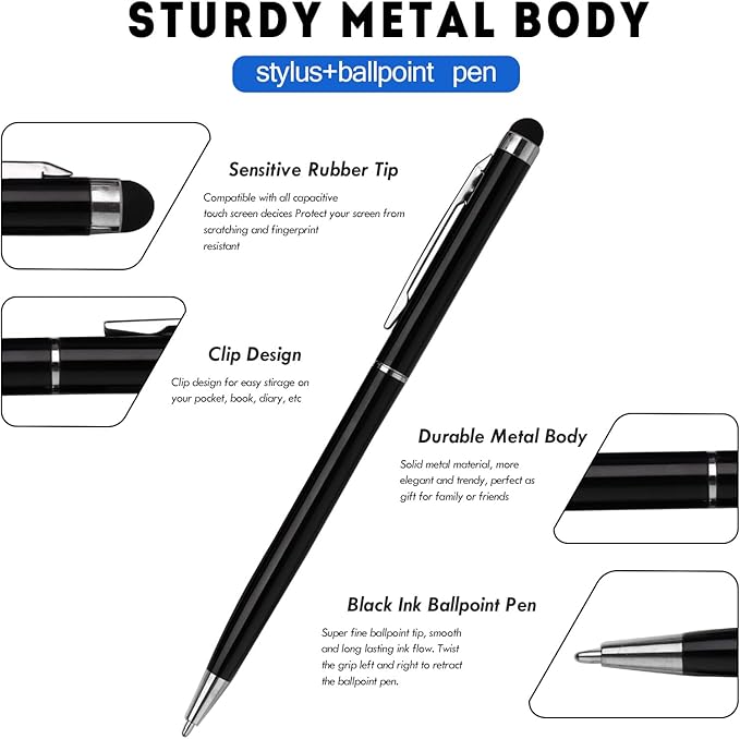 15 Pack Stylus Pens for Touch Screens Stylus Pen Compatible with Phone Tablets Kindle and Black Ink Ballpoint Pens-2 in 1 Stylists pens for Touch Screens (Black)