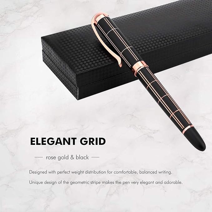 Rose Gold Gel Ink Rollerball Pen-Geometric Stripe Style Copper Grip Metal Pens in Gift Box with 1 Extra Refill,Christmas gift for Women &Men (Black Ink, 0.7mm Fine Point)
