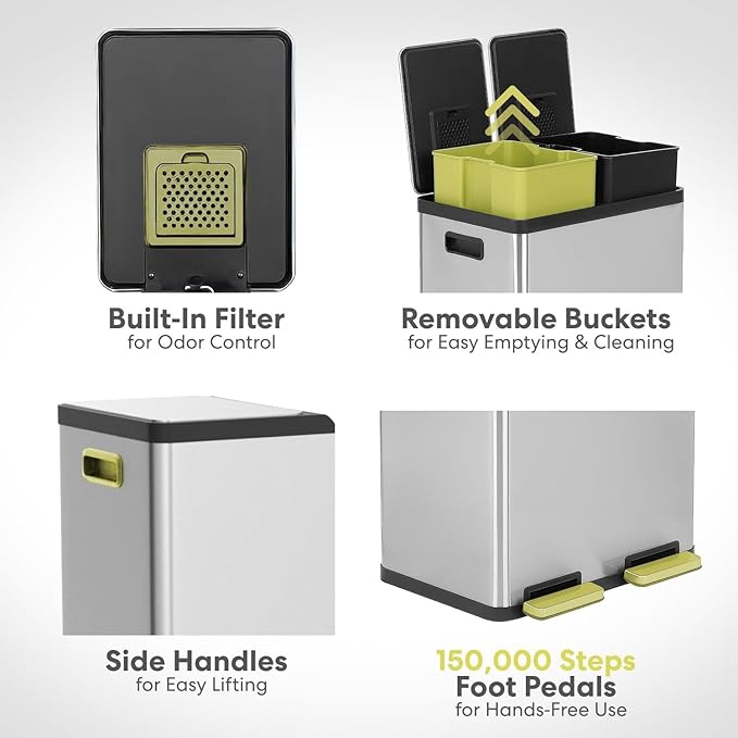 Simpli-Magic 16 Gallon (30L x 30L) Dual Compartment Step Trash Can – Kitchen Garbage Can with Slow-Close Lids – Waste & Recycling Bins, Odor Control, Hands-Free, Easy to Clean, Stainless Steel