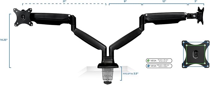 Mount-It! Dual Monitor Arm Mount | Desk Stand | Two Articulating Gas Spring Height Adjustable Arms | Fits 2 x 24 27 29 30 32 Inch VESA 75 100 Compatible Screens | C-Clamp and Grommet Bases (Black)