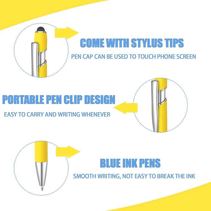 24 Pcs Blue Ink Ballpoint Pen with Stylus Tip 2 in 1 Ballpoint Pen 1.0 mm Blue Ink Metal Stylus Pen for Touch Screens Coworkers, Family, Colleagues, Office (Yellow)