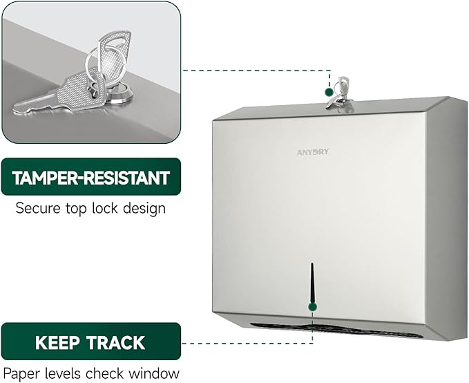 Wall Mount Paper Towel Dispenser 250-Sheet Capacity Brushed Stainless Steel Lockable Fits Multifold/Z-Fold Towels (Folded Size ≤ 10.6" x 3.9")