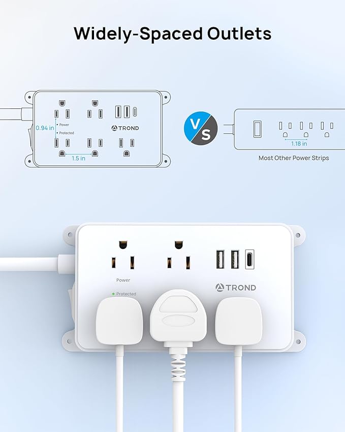 TROND Power Strip with USB, Surge Protector Flat Plug with 5 Widely-Spaced Outlets and 3 USB Ports, ETL Listed, 1300J, Wall Mountable, 5ft Extension Cord, for Office Kitchen, White