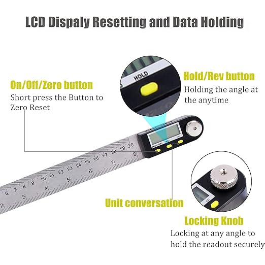 Delgada 8 inch/200mm Digital Angle Finder Ruler - Stainless Steel Protractor for Woodworking and Construction - Battery Included