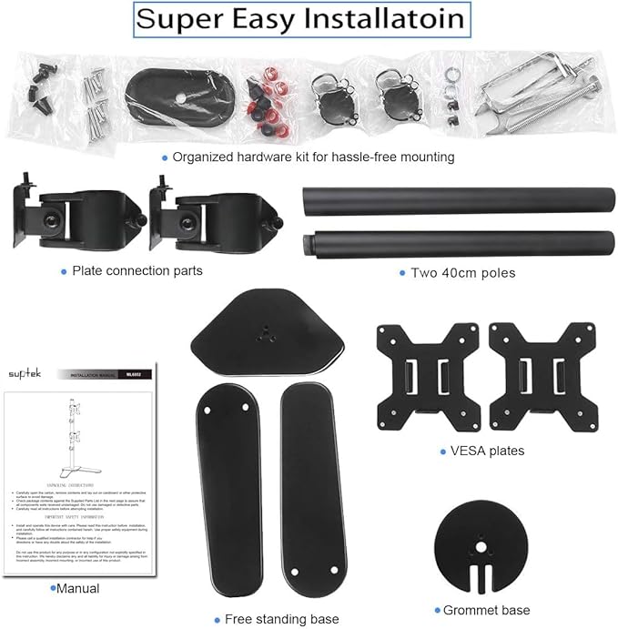 Suptek Dual LED LCD Monitor Stand up Free-Standing Desk Mount for 2 / Two Screens up to 32 inch Extra Tall 31.5 inch Pole Heavy Duty Fully Adjustable Stand Vertical Array (ML6802)