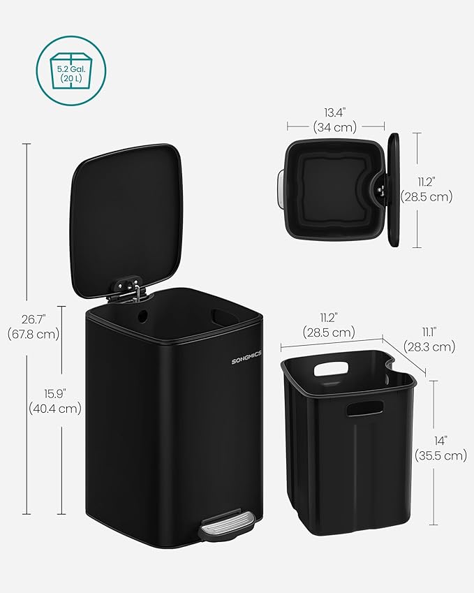SONGMICS Kitchen Trash Can, 5.2-Gallon (20 L) Trash Bin, Stainless Steel Garbage Can, with Inner Bucket, Soft Close and Stays Open, Ink Black ULTB592B01