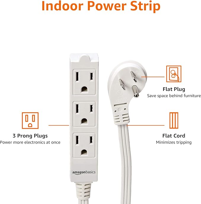 Amazon Basics Rectangular Indoor Extension Cord Power Strip, 3-Prong, Flat Plug, Grounded - 13 Amps, 1625 Watts, 125 VAC - 2-Pack, 6 ft, White