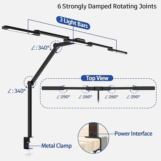 Transformable LED Desk Lamp, 41.5" Large Architect Desk Lamp with Clamp, 3 Light Bars Desk Light for Home Office, 24W Auto Dimming Office Lighting Table Light for L Shaped Desk