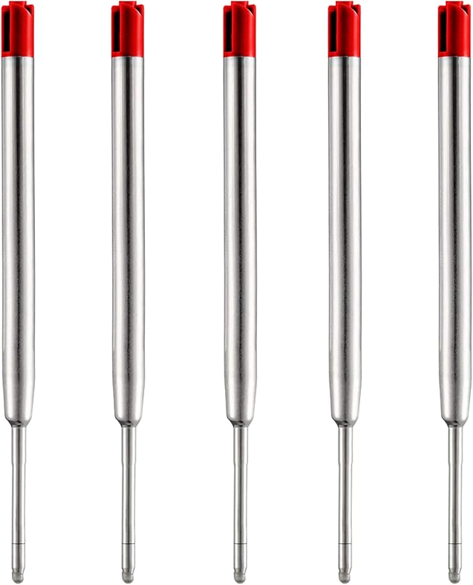 DunBong Red Ink Refill Pack of 5, Replaceable Ballpoint Pen Refills, Medium Point Metal Refill (Red)
