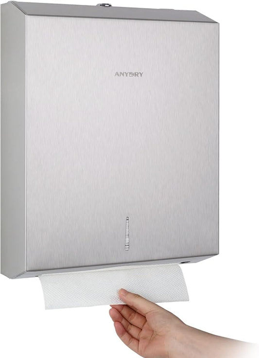 Commercial Paper Towel Dispenser Wall Mount 400-Sheet Capacity Brushed Stainless Steel Lockable Fits Multifold/Z-Fold Towels (Folded Size ≤ 10.6" x 3.9")