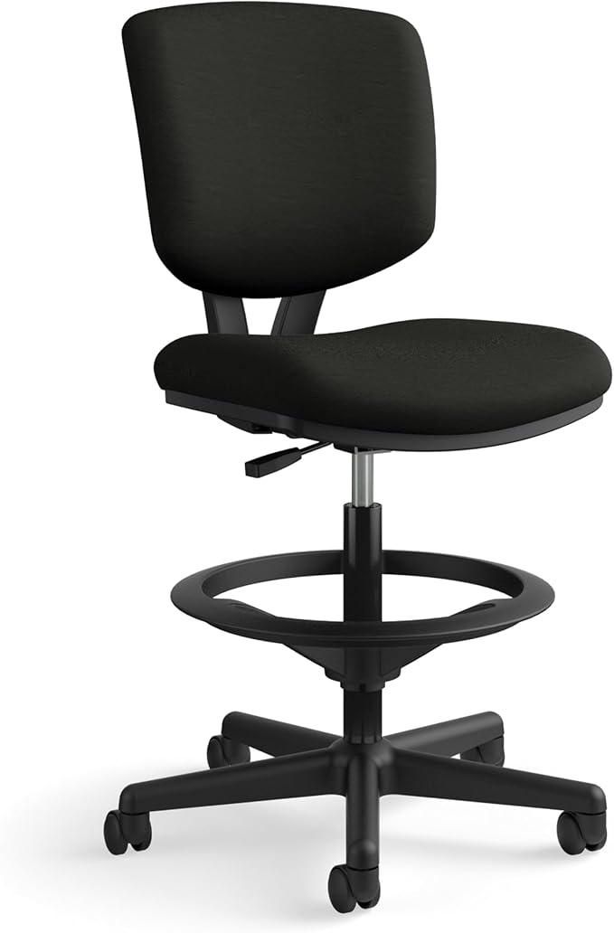 HON Volt Standing Desk Chair, Leather Office Chair with Foot Rest, Armless, Ergonomic Recline and Center Tilt, for Computers, Offices, Work, Black