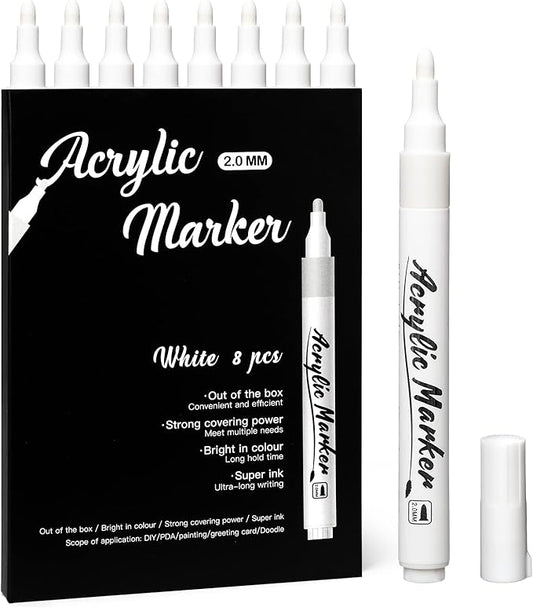 White Markers Pen, 8 Pack Paint Pens, Fine Tip Acrylic White Permanent Markers for Sketching, Drawing, Wood, Rock, Tyres, Plastic, Leather, Glass, DIY Painting