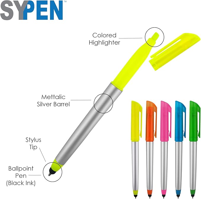 Personalized Pens with Highlighter and Stylus -250 Pack Bulk-Free Imprint - 3 In Highlighter, Ballpoint Pen, and Stylus Combo- add Custom Business Name, Logo or Gift Message- Yellow