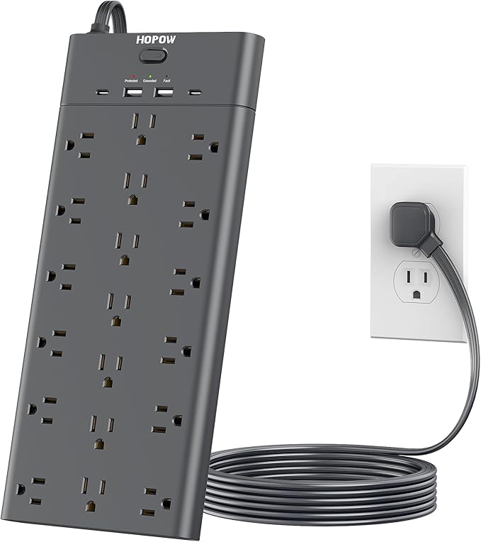 Flat Plug Power Strip, Surge Protector with 19 Outlets and 4 USB Ports, HOPOW 6 Ft Heavy Duty Extension Cord, 1875W, 2100J Surge Protection, Wall Mount for Home, Office, Gaming Room, Dorm, Black