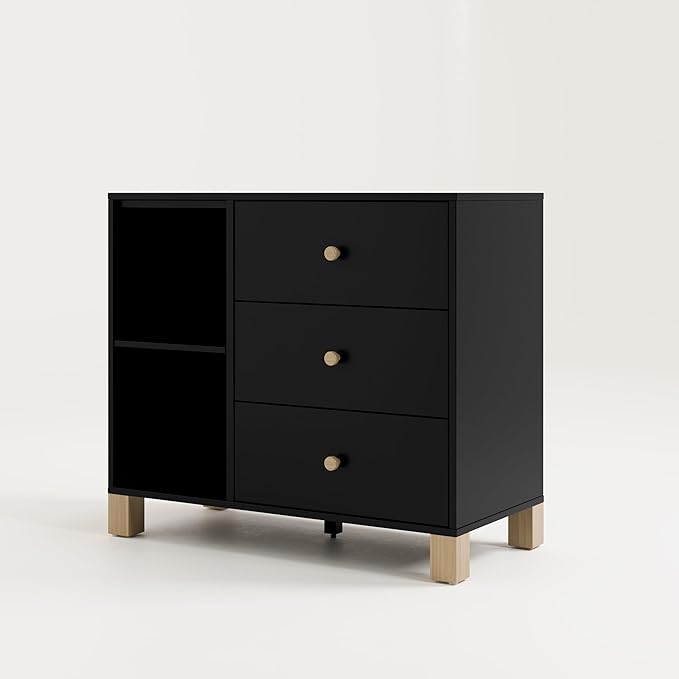Storkcraft California 3 Drawer Combo Dresser (Black with Driftwood) – GREENGUARD Gold Certified, Interlocking Drawer System, Pre-Installed Drawer Tracks for Easier Assembly, Spacious Cabinet