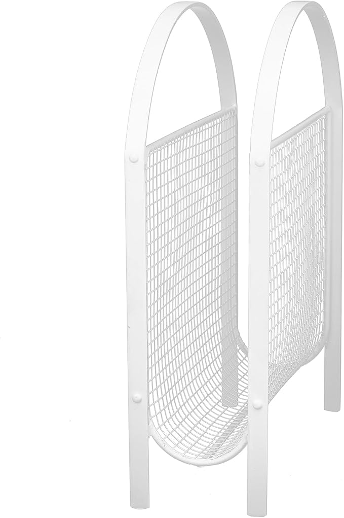 MyGift Mid-Century Design Magazine Rack, Matte Black Tone Metal Mesh Freestanding Magazine Organizer Holder Sling (White)