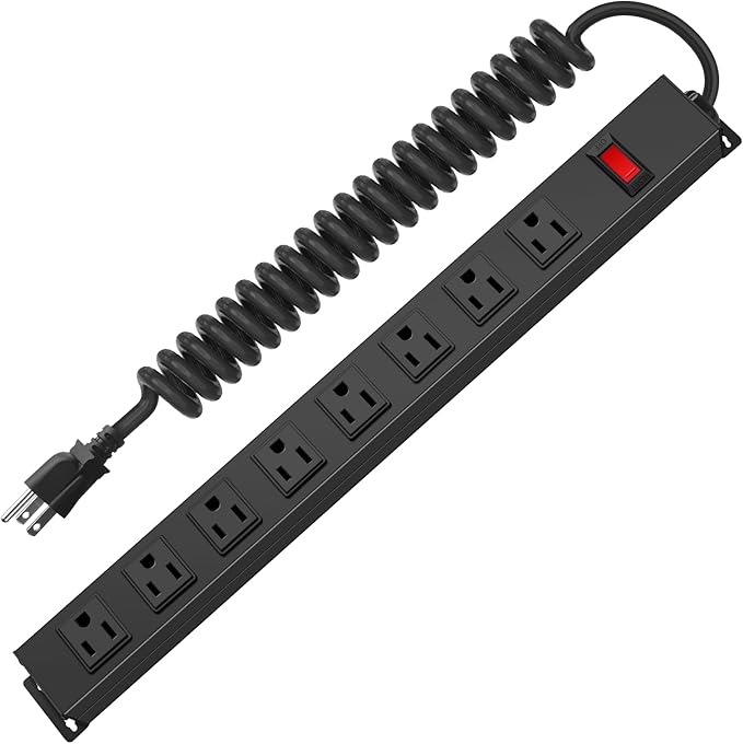 HHSOET 8 Outlet Metal Wall Mount Power Strip, Mountable Outlet with Switch, Heavy Duty Wide Spaced Surge Protector, 4 FT SJT 14AWG Black Spring Cord.