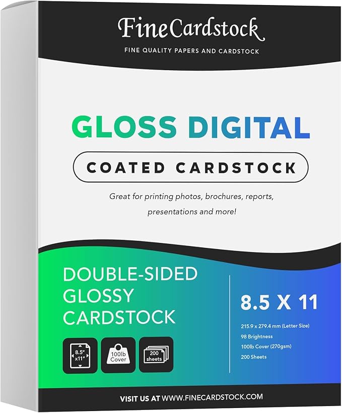 Double-Sided Heavyweight Gloss Digital C2S Cardstock – Perfect for Color Laser Printing, Flyers, Brochures, Photos | 8.5" x 11" | 100lb Cover | Acid Free, Glossy Coated on Both Sides | 200 Sheets