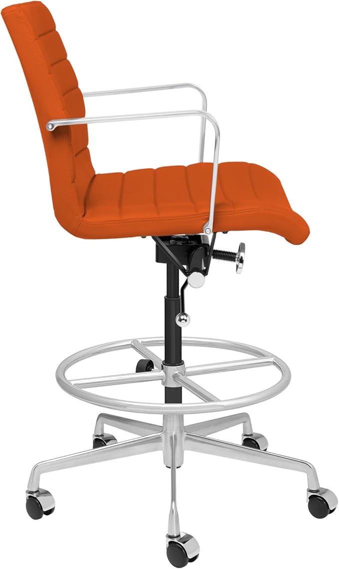 Laura Davidson Furniture SOHO II Ribbed Drafting Chair for Standing Desks, Standing Desk Chair - Ergonomically Designed, Commercial Grade Draft Height, Arm Rest & Cushion, Made of Faux Leather, Orange