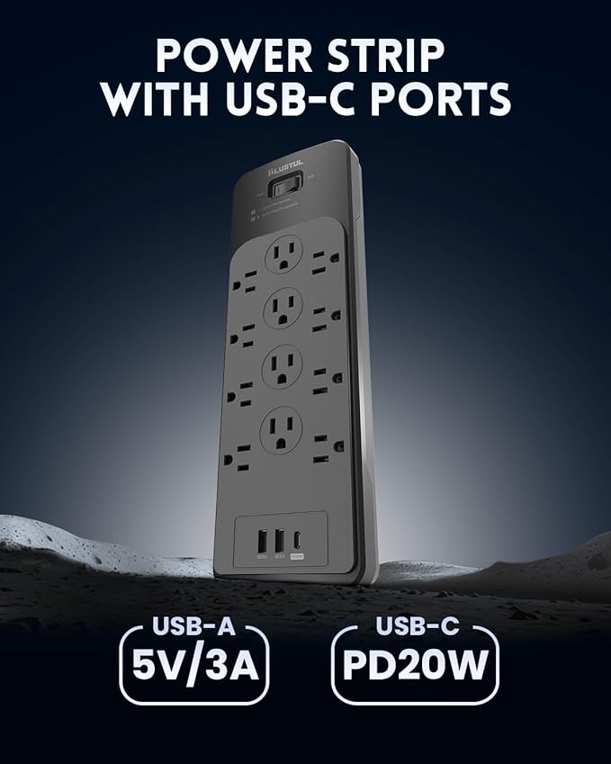 Surge Protector Power Strip 10FT(4080J), PLUGTUL Surge Protector with 12 Outlets - Spacious Design for Large Plugs, Flat Plug, 20W USB C Charging for Home, Office, ETL Listed