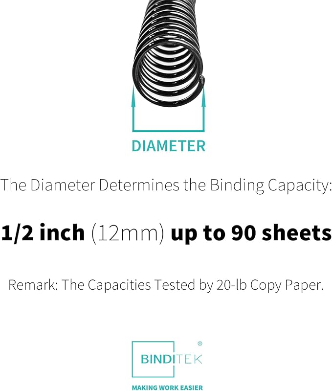 Binditek 50 Pack Plastic Spiral Binding Coils, 12mm(1/2"), 90 Sheet Capacity, 4:1 Pitch, Black, 48Loops, for Letter Size, for Students and Coworkers