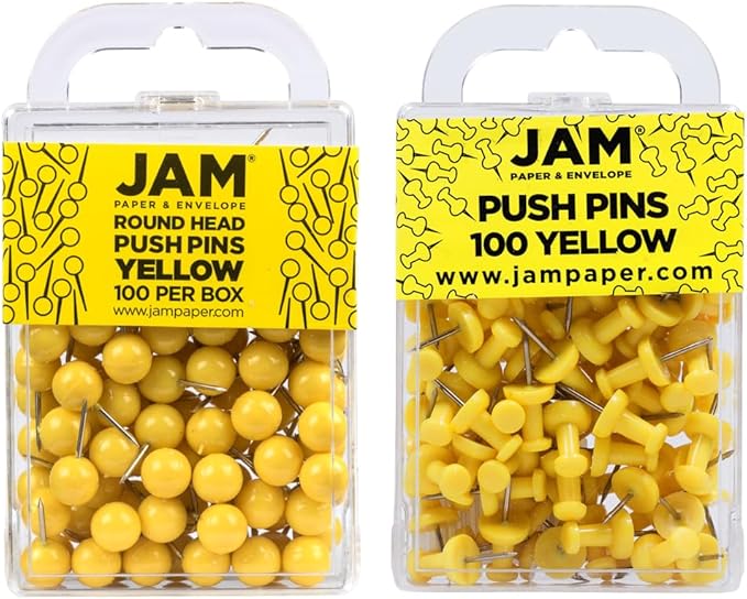 JAM PAPER Colorful Push Pins - Flat & Round Head Thumb Tack Combo Set - Yellow Pushpins - 200/Pack