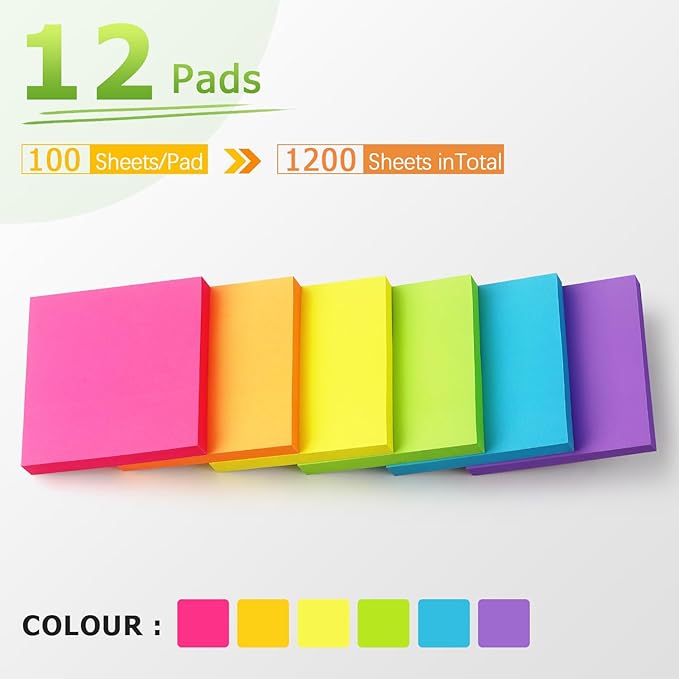 Winner Aura Pop Up Sticky Notes 3x3 inch Bright Colors Self-Stick Pads 12 Pack 1200 Sheets