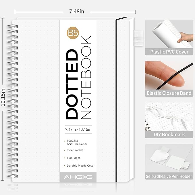 AHGXG Bullet Dotted Journal - Dot Grid Spiral Notebook B5, 140 Pages, 100 GSM Thick Paper, Waterproof Plastic Cover Journals for Bullet Journaling, Sketching, 7.6" x 10", Transparent