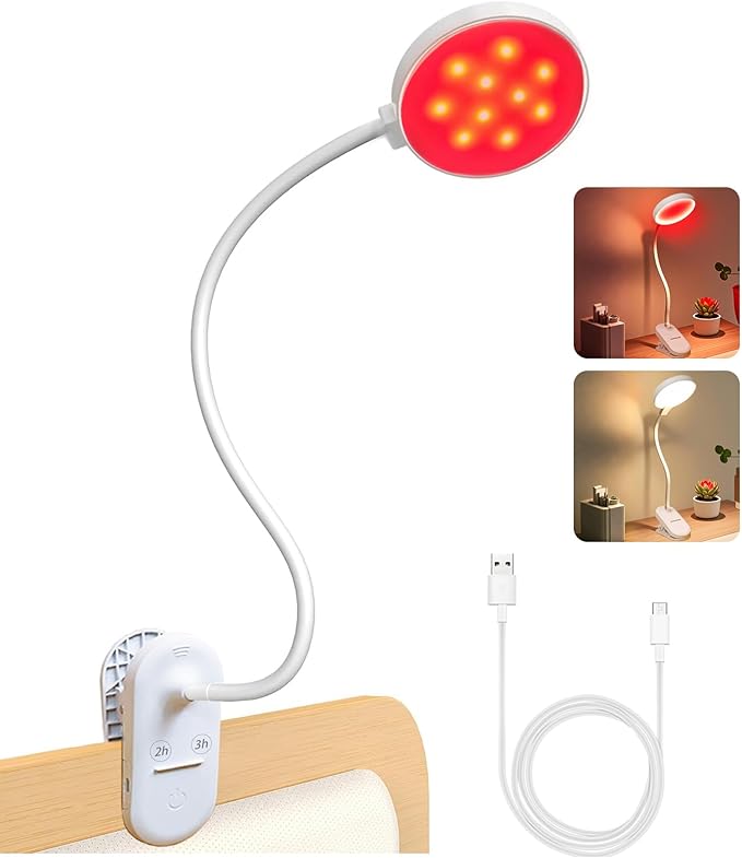 SZOKLED Red Light Reading Lights for Books in Bed, Clip on Lamp with Timer & Dimmable, Rechargeable Eye Care Night Light for Bedroom, Desk, Laptop, Headboard