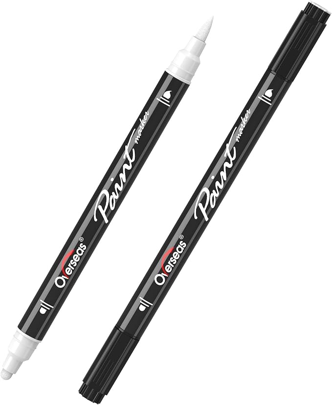 Overseas White and Black Acrylic Paint Markers, 2 Dual Tip Paint Pens Acrylic Markers with Dot and Brush Tip, Coloring Marker for Wood, Rock, Canvas, Glass, Metal, Plastic, Fabric, School Supplies