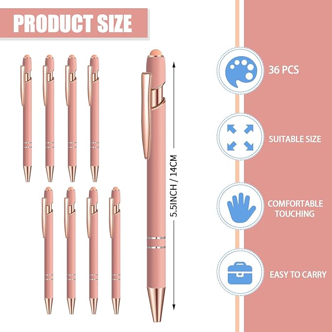 36 Pcs Blue Ink Ballpoint Pen with Stylus 2 in 1 Ballpoint Pen for Touch Screens School Office Coworkers (Rose Gold)