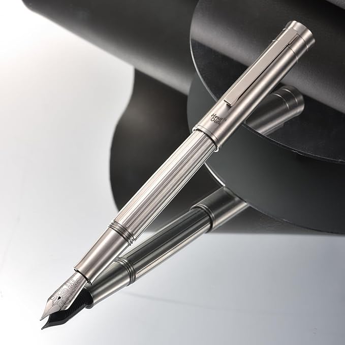 Hongdian T1 Titanium Fountain Pen, Iridium Fine Soft Nib Chinese Knot Carving with Converter and Metal Case Set