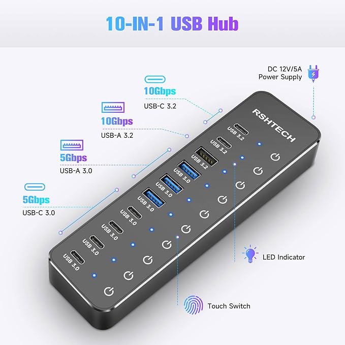 RSHTECH 10 Ports Powered USB 3.2/USB C Hub Splitter 60W with 3 x 10Gbps USB 3.2 Ports (2C + 1A),7 x USB 3.0 Ports (4C +3A), 3.3ft Cable and Individual Touch Switches for Laptop PC