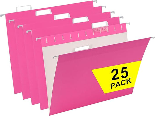 Pink Hanging File Folders,25 Packs Letter Size File Folder,Designed for Bulky Files,Filing Cabinet,1/5 Adjustable Tabs for Office,School,Home