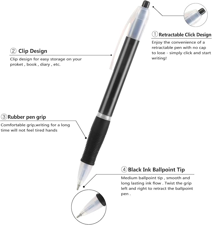 Aozora Retractable Pens Ballpoint Super Smooth Writing Pens Bulk 100 pack Medium Point 1.0mm No Bleed Click Pens with Soft Grip Black Ink