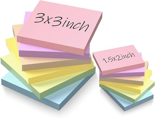 Sticky Notes 3x3in + 2x1.5in Small Sticky Note, 12 Pack 6 Colors Self-Sticky Note Pads | Sticks Strong & Removes Clean | Recycled Paper Cute Sticky Notes to School Supplies, Office Products