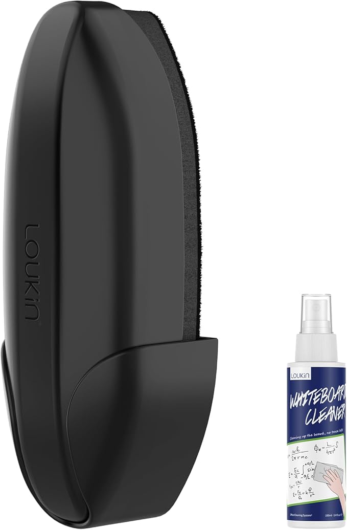 loukin Replaceable Dry Erase Eraser, Double-Sided Whiteboard Eraser with Magnetic Holder, Precision-Point Glass Board Wiper for Classroom, Home and Office (Whiteboard Cleaner Included), Black (Black)