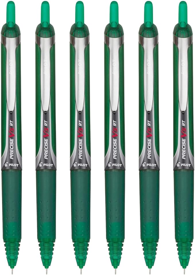 Precise V5 RT Retractable Rolling Ball Pens, Extra Fine Point (.5mm), Green Ink, 6-pk; Premium Comfort Grip, Bundle with Plastic Reusable Pouch