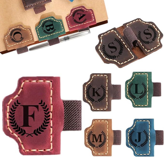 Custom Bookmark with Pen Holder with 26 Letters Personalized Magnetic Leather Book Mark, Customized Name Book Marker Clip with Initial for Men Women, Gifts for Book Lovers, Readers, (Red, F)