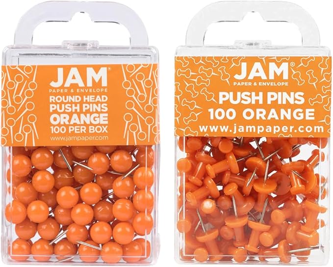 JAM PAPER Colorful Push Pins - Flat & Round Head Thumb Tack Combo Set - Orange Pushpins - 200/Pack
