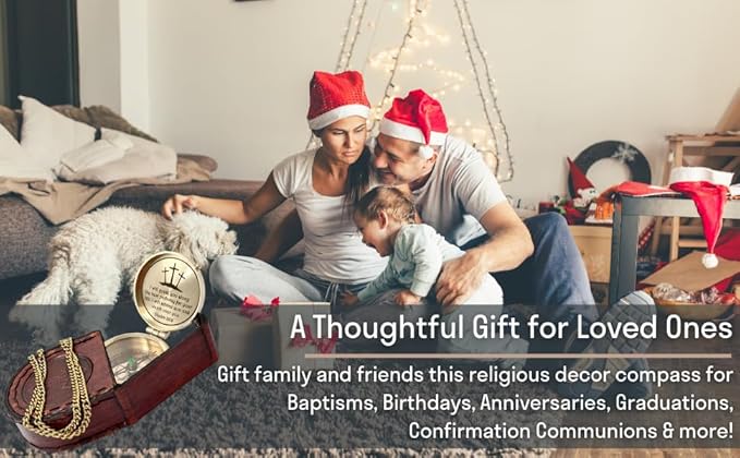Brass Compass Engraved with Religious Scripture Verse - Ideal Gift for Son, Grandson, Daughter - Perfect for Baptism, Communion, Church and Graduation Day Present